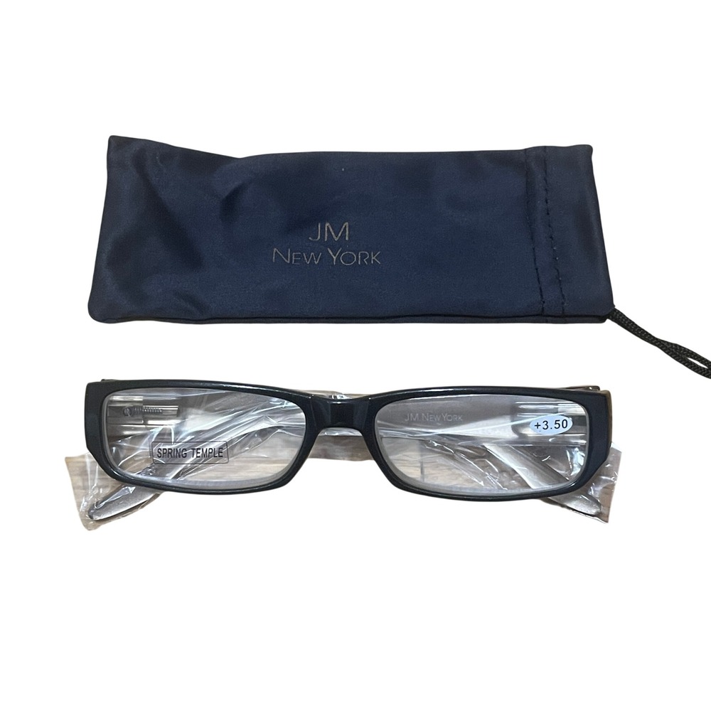JM New York Reading Glasses +3.50 Black Grey Rectangular Spring Temple Pouch